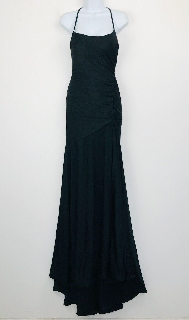 La Femme Women's 2 Dress Black Jersey Ruched Lace Up Trumpet Slit Evening Gown